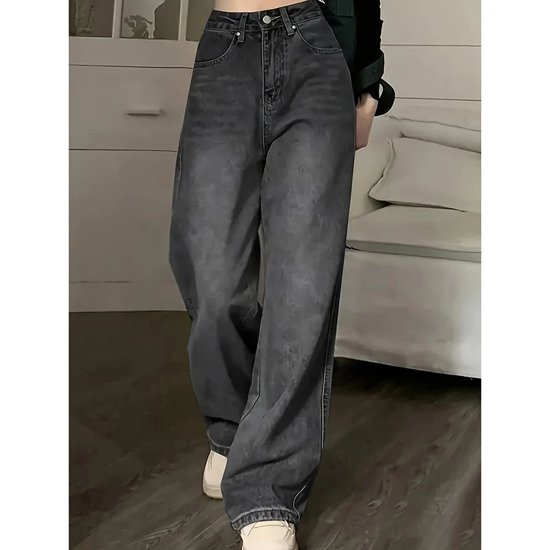 Women's high-waisted jeans, streetwear, designer, wide leg, classic grey, gothic, straight pants, fashion