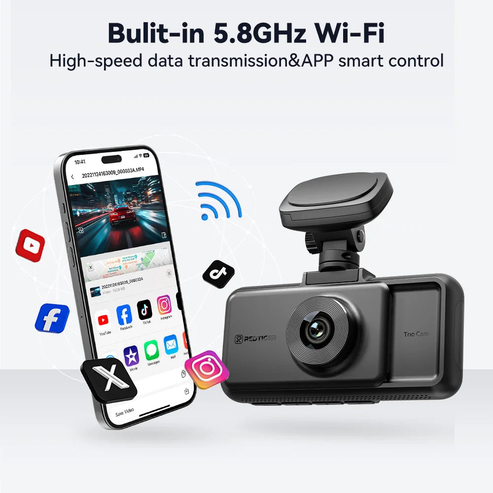 Dashcam 4K WiFi 5.8GHz GPS — Vision Nocturne 3 Caméras Avant Cabine Arrière