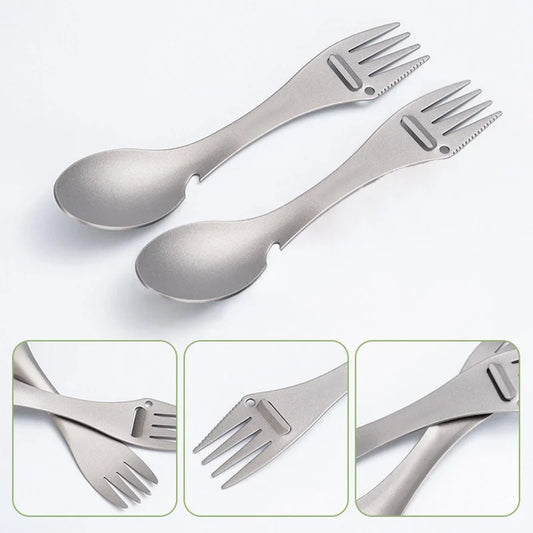 Cuillère fourchette de camping 5 en 1 en titane avec ouvre-bouteille éplucheur à bord dentelé, ustensile d'extérieur portable ultraléger (1 pièce)