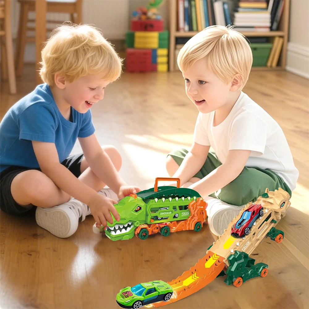 Camión dinosaurio de transporte con pista de carreras deslizante y plegable, se transforma en T-Rex y triciclo de pie, el mejor regalo de cumpleaños para niños
