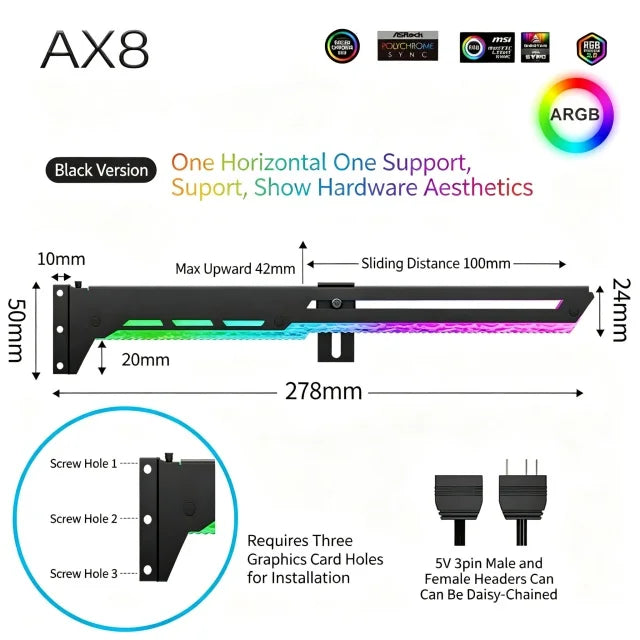 Support de carte graphique ICE Whale AX8, 5V 3PIN ARGB, synchronisation de l'éclairage de la carte mère, support de carte graphique VGA pour ordinateur