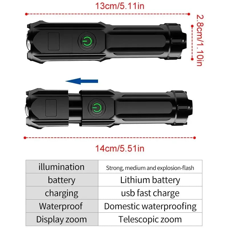 Lampe de poche LED puissante, Rechargeable par USB, batterie au Lithium intégrée, étanche, Zoom, pêche, chasse, Camping, lampe de poche tactique