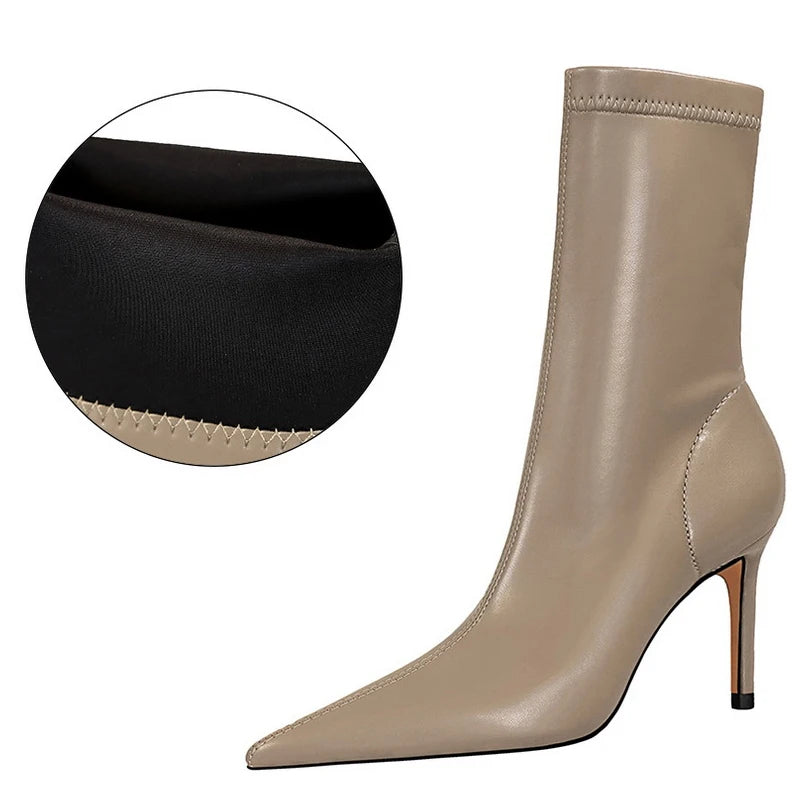 BIGTREE-Botas de piel de tacón alto para mujer, botines cortos, zapatos de tacón, otoño e invierno