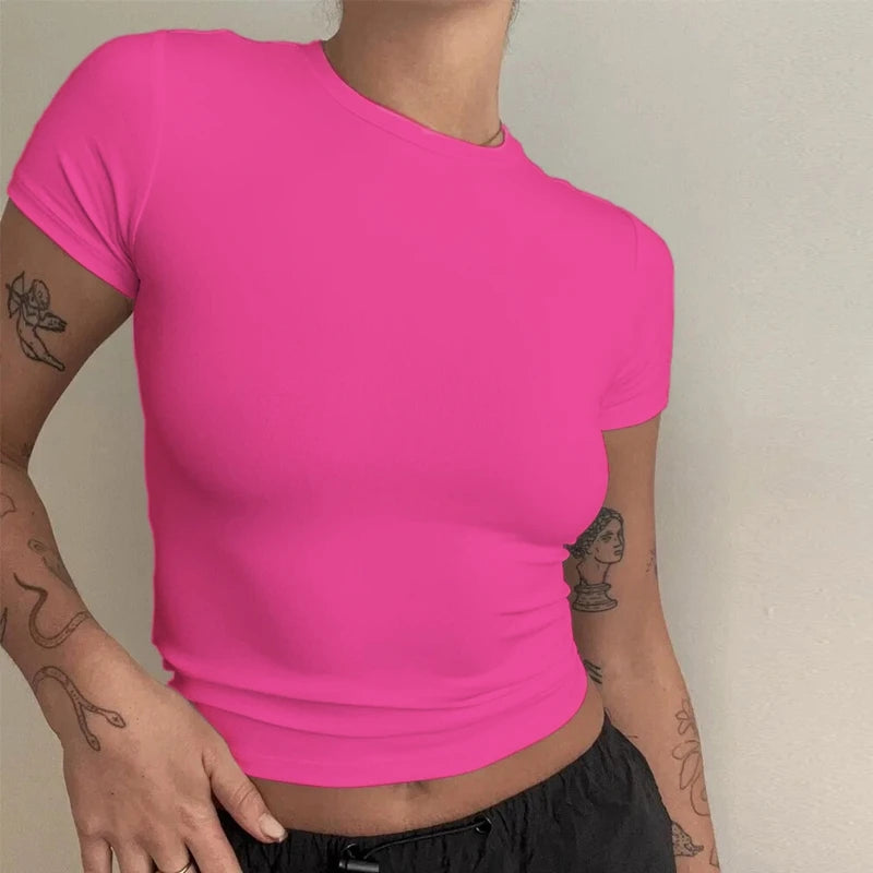 Mujer Ropa Camiseta de manga corta Top ajustado para mujer Cuello redondo Tejido Camiseta de tubo Ropa de calle Sexy deportivo 2024 Y2K Nuevo2410