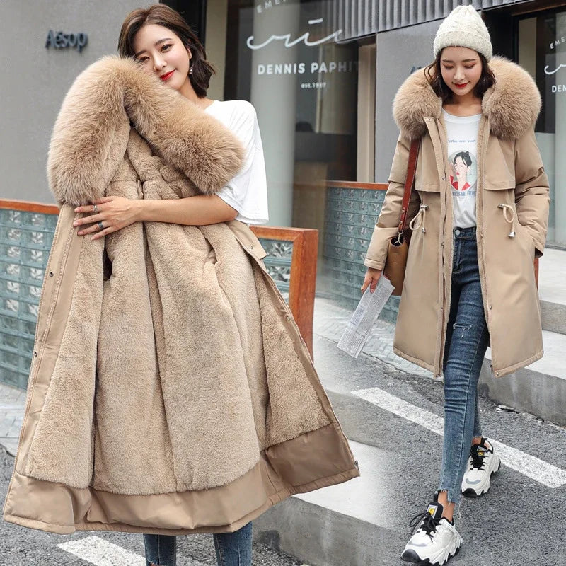 Parka d'hiver 2024 nouvelles femmes veste vêtements manteau Long doublure en laine à capuche col de fourrure épais chaud vêtements de neige mode Parka