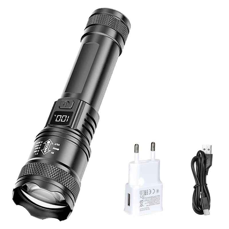 Lampe de poche LED Ultra lumineuse 2000LM type-c Rechargeable longue portée Zoom torche tactique extérieure d'urgence Camping pêche lanterne