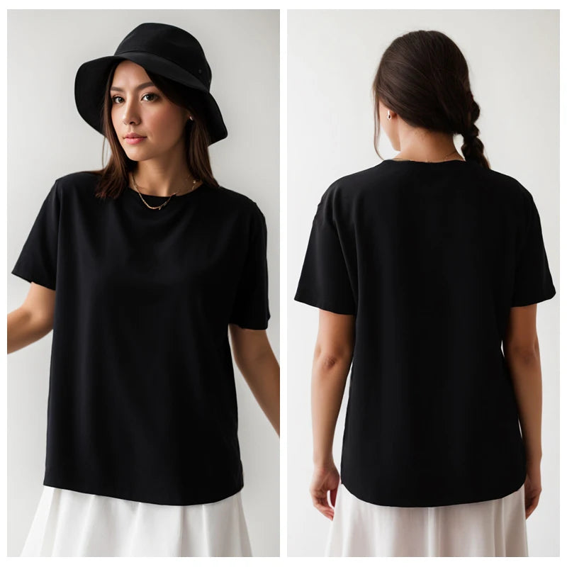 Coton à manches courtes hauts 220 grammes T-shirt lourd Y2k décontracté confortable T-shirt noir et blanc col rond femme vêtements YH2532
