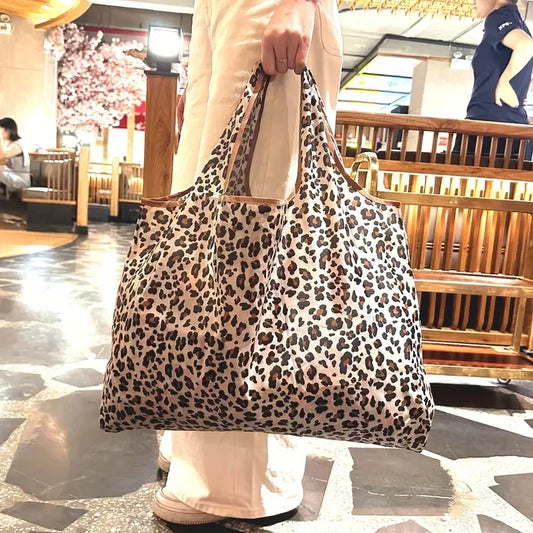Bolso de compras de mano con estampado de leopardo de gran capacidad, bolso de mano plegable diario para mujeres