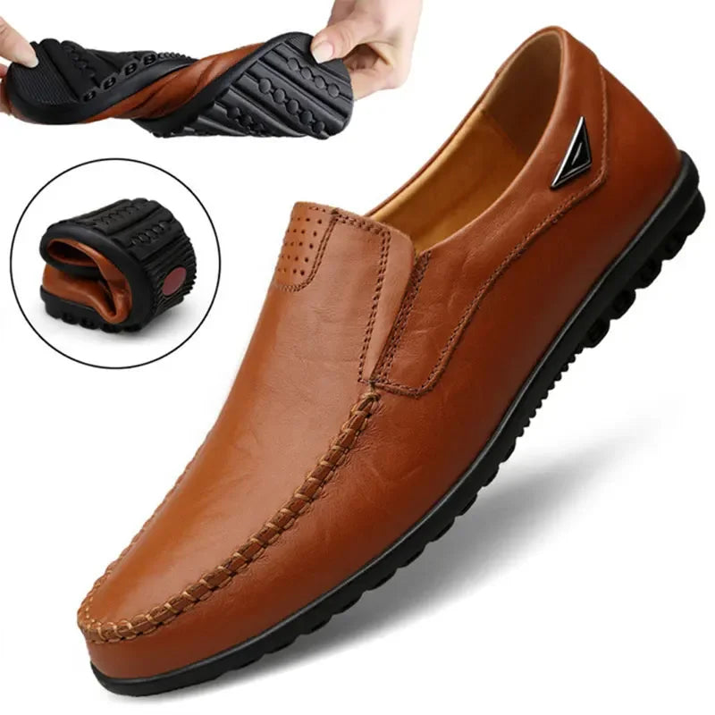 Men's Genuine Leather Casual Breathable Slip-On Black Driving Shoes, Plus Size 46, 2023