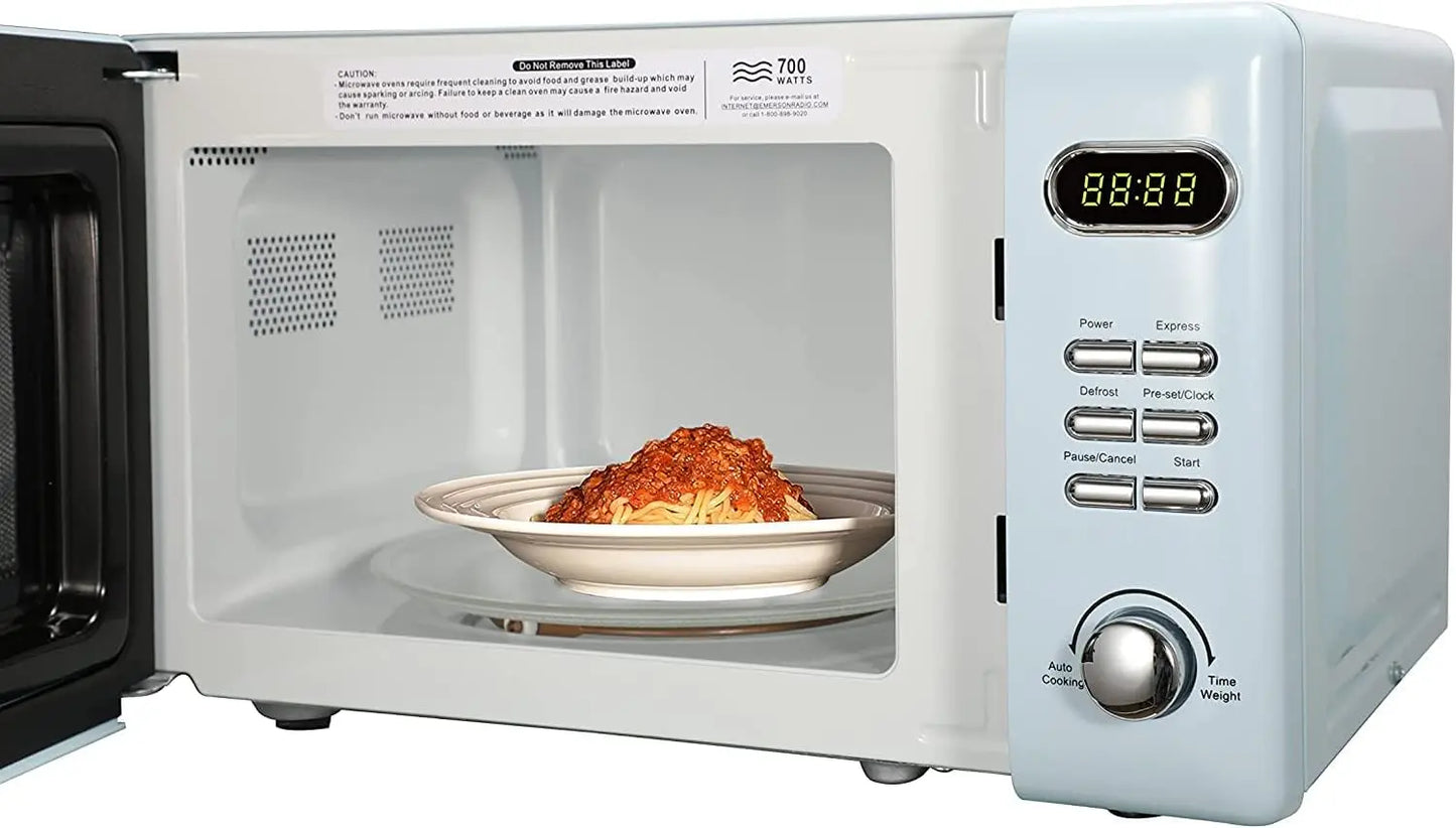 Four à micro-ondes compact rétro — commande par bouton, affichage LED, 700W, 5 niveaux de puissance, 8 menus automatiques, verre