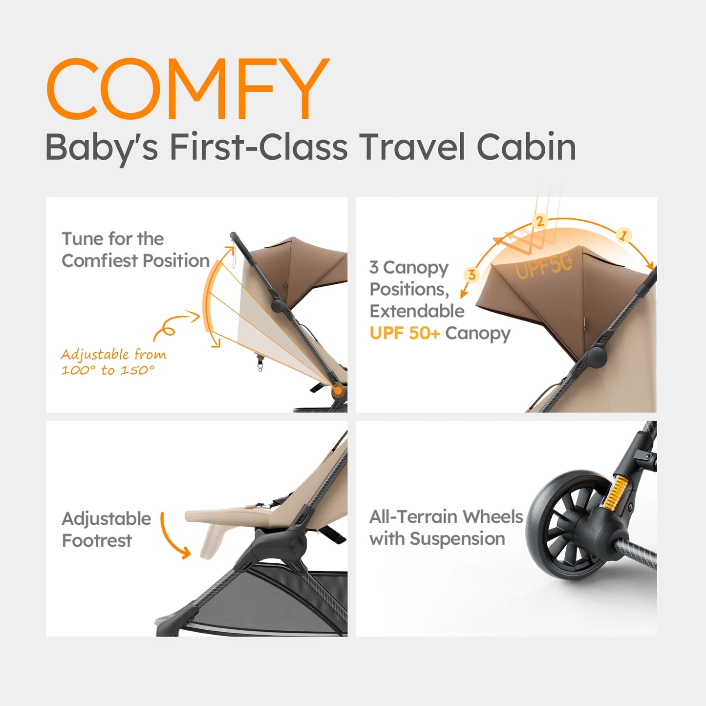 MAMAZING Ultra Air X 9.9 lbs Lightweight Carbon Fiber Travel Stroller with UPF50+ Waterproof Fabric (BROWN)