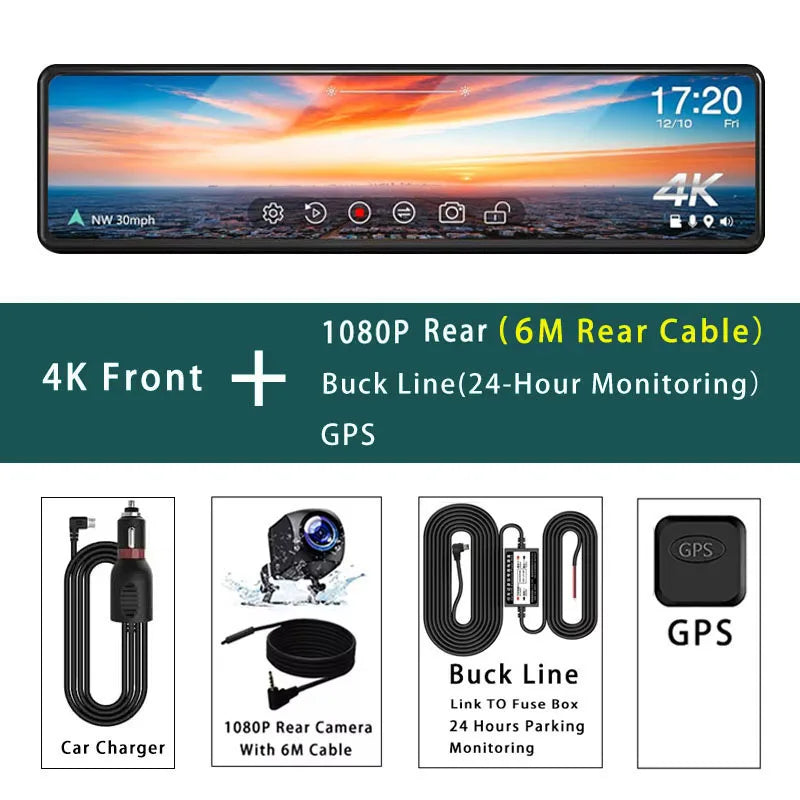 11.26 "UHD 4K 2160P coche Dvr GPS WIFI espejo Dash Cam doble lente Dashcam IPS pantalla cámara reproductor grabador flujo espejo retrovisor
