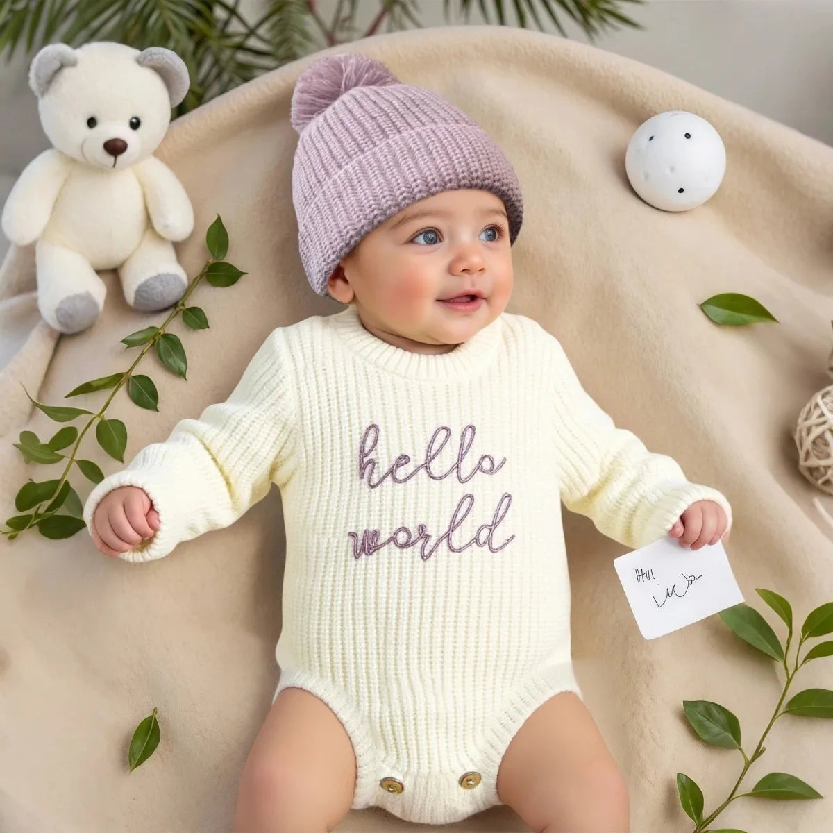 Hello World – pelele de punto para recién nacidos con gorro de pompones a juego, suéter para bebés niños y niñas, conjuntos para sesión de fotos, HD