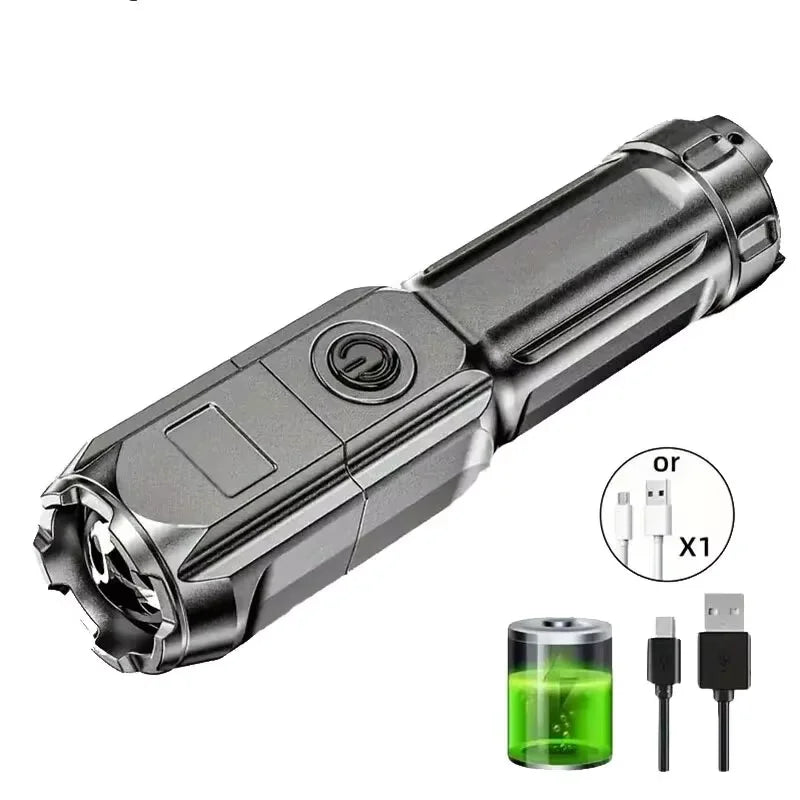 Lampe de poche LED puissante, Rechargeable par USB, batterie au Lithium intégrée, étanche, Zoom, pêche, chasse, Camping, lampe de poche tactique
