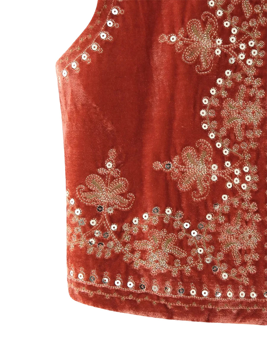Chaleco bordado negro Vintage con estampado Floral para mujer, sin mangas, frente abierto, corto, versátil, ropa de abrigo y2k, cárdigan Boho corto