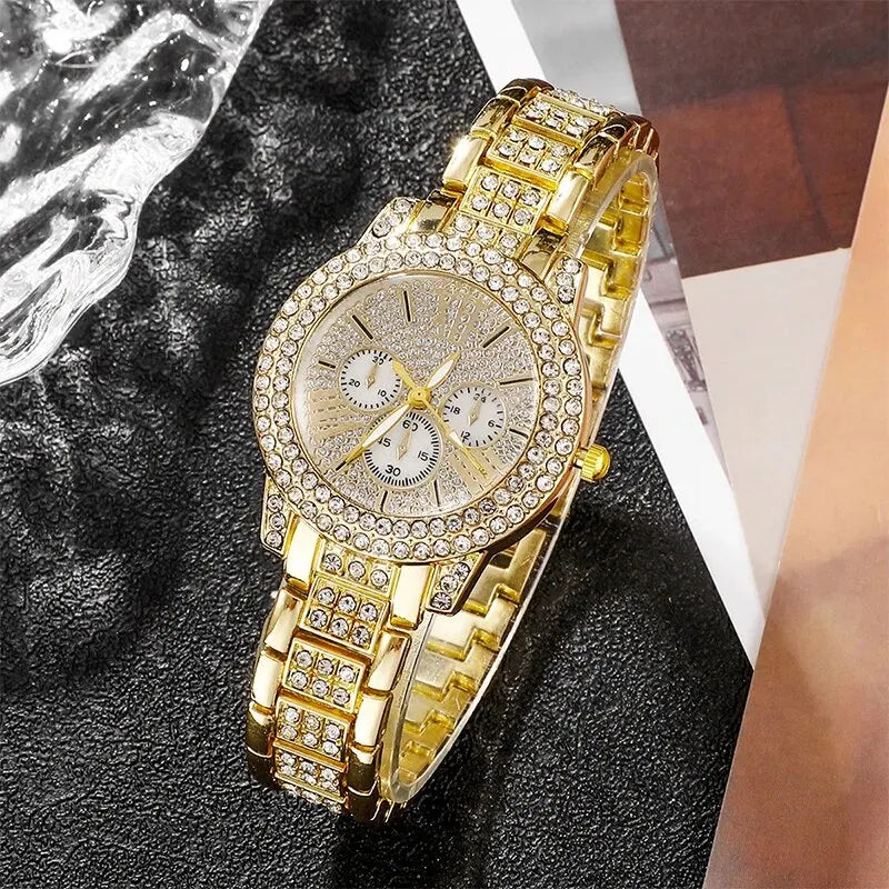 Reloj de cuarzo de lujo dorado para mujer, juego de joyas, anillo, collar, pendientes, diamantes de imitación, moda casual