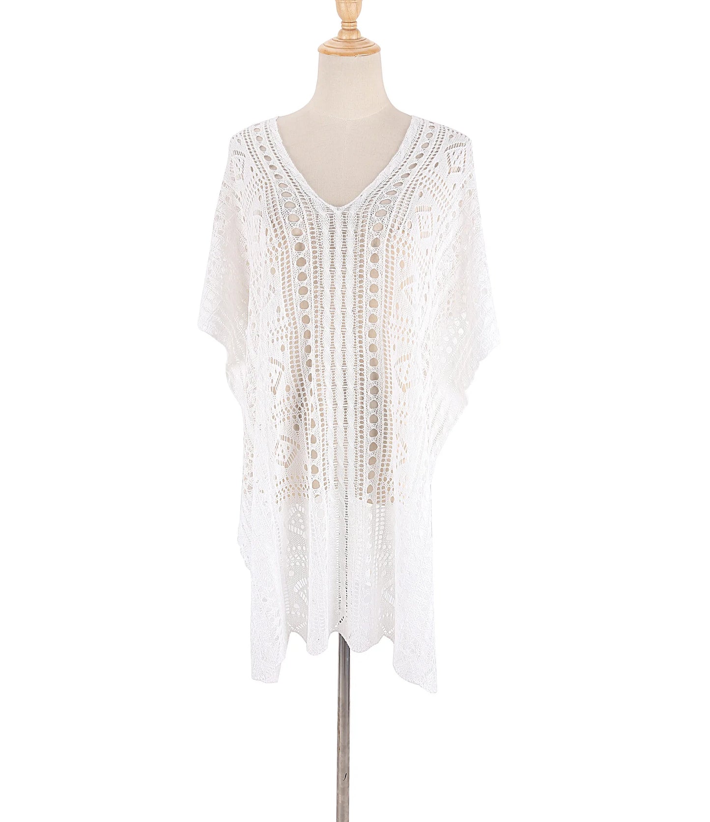 Robe tunique longue crochet blanc tricoté — plage, paréo, bikini, cache-maillot, 2025