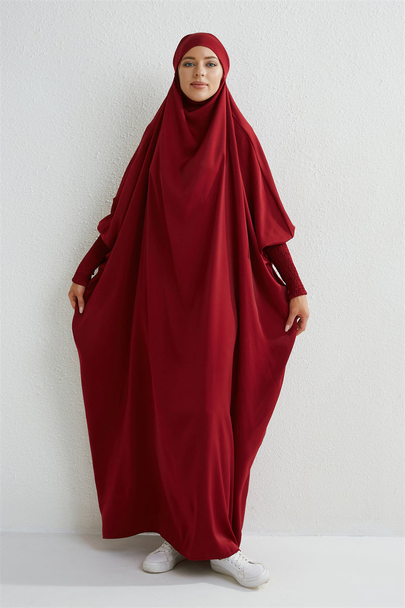 Abaya musulman à capuche manches smockées une pièce Robe de prière femmes Jilbab vêtements islamiques dubaï saoudien Robe noire modestie turque