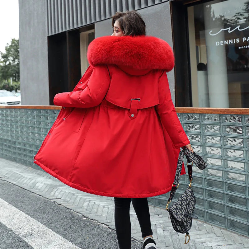Parka d'hiver 2024 nouvelles femmes veste vêtements manteau Long doublure en laine à capuche col de fourrure épais chaud vêtements de neige mode Parka