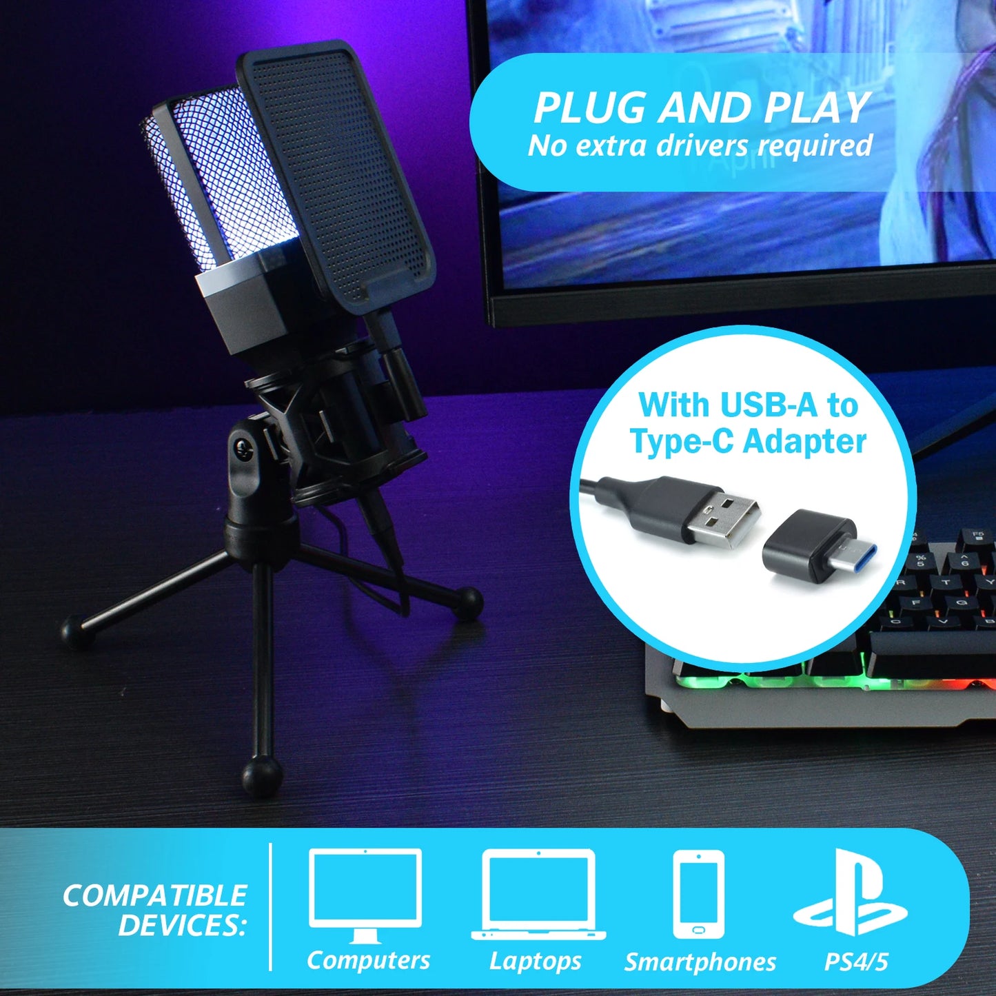 Microphone USB à condensateur pour gaming et podcast – Micro filaire pour PC, streaming et karaoké