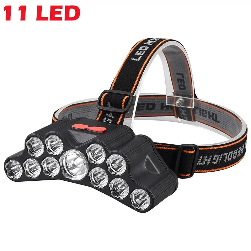 Lampe frontale puissante à 5/11 LED, batterie 18650 intégrée, Rechargeable par USB, lanterne pour Camping en plein air, pêche