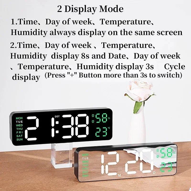 Grande horloge murale numérique de 9 pouces, alimentée par USB, température et humidité, variateur automatique, horloge de Table DST, réveil électronique LED 12/24H