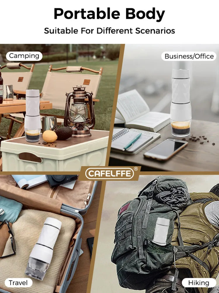 Cafelffe 3 en 1 Máquina de café portátil de agua caliente/fría, cafetera manual de espresso para cápsulas y café molido, cafetera de prensa manual para senderismo y viajes
