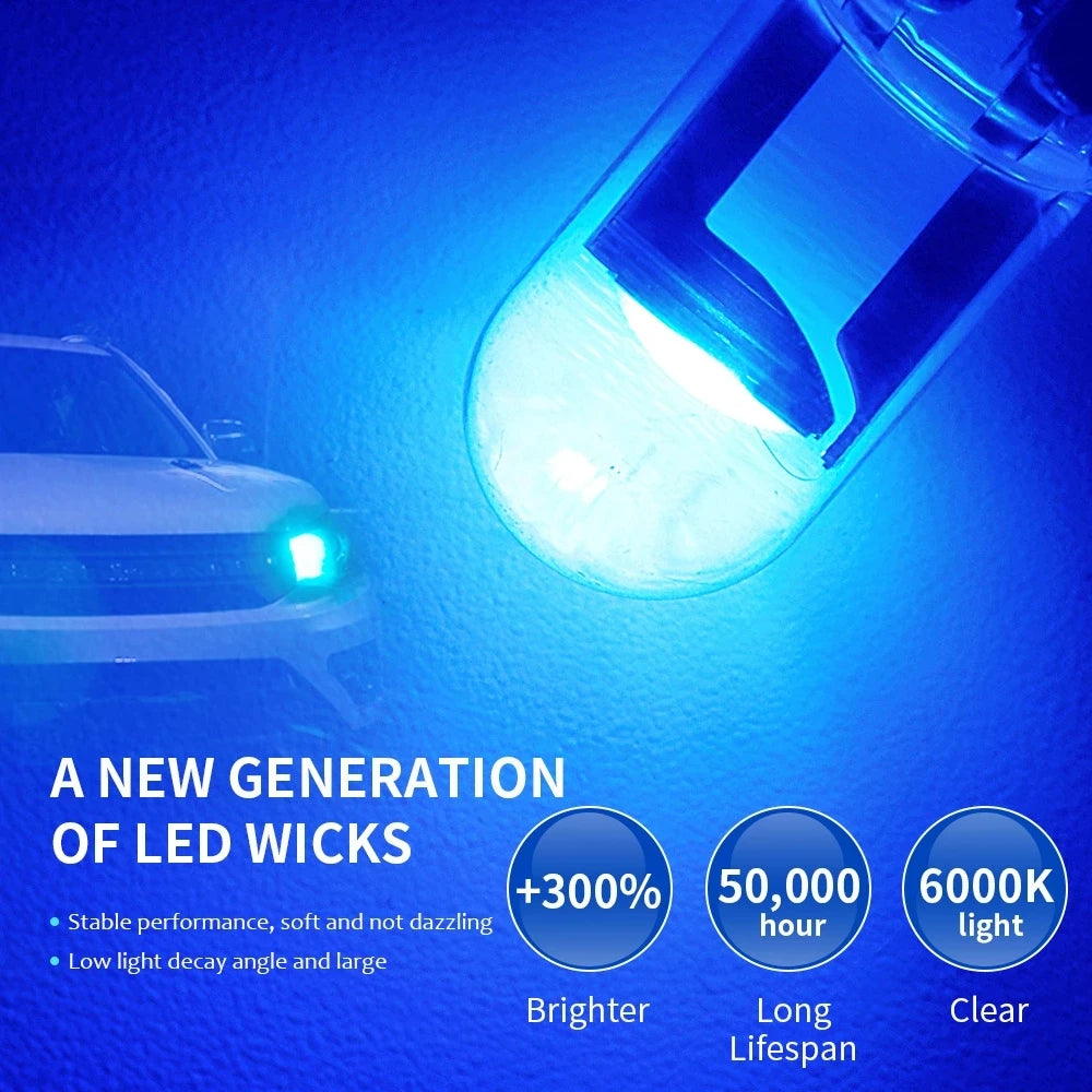 10X nueva W5W LED T10 luces de coche COB de cristal para interior bombillas blanco hielo azul amarillo Auto matrícula lámpara domo luz de lectura 12V