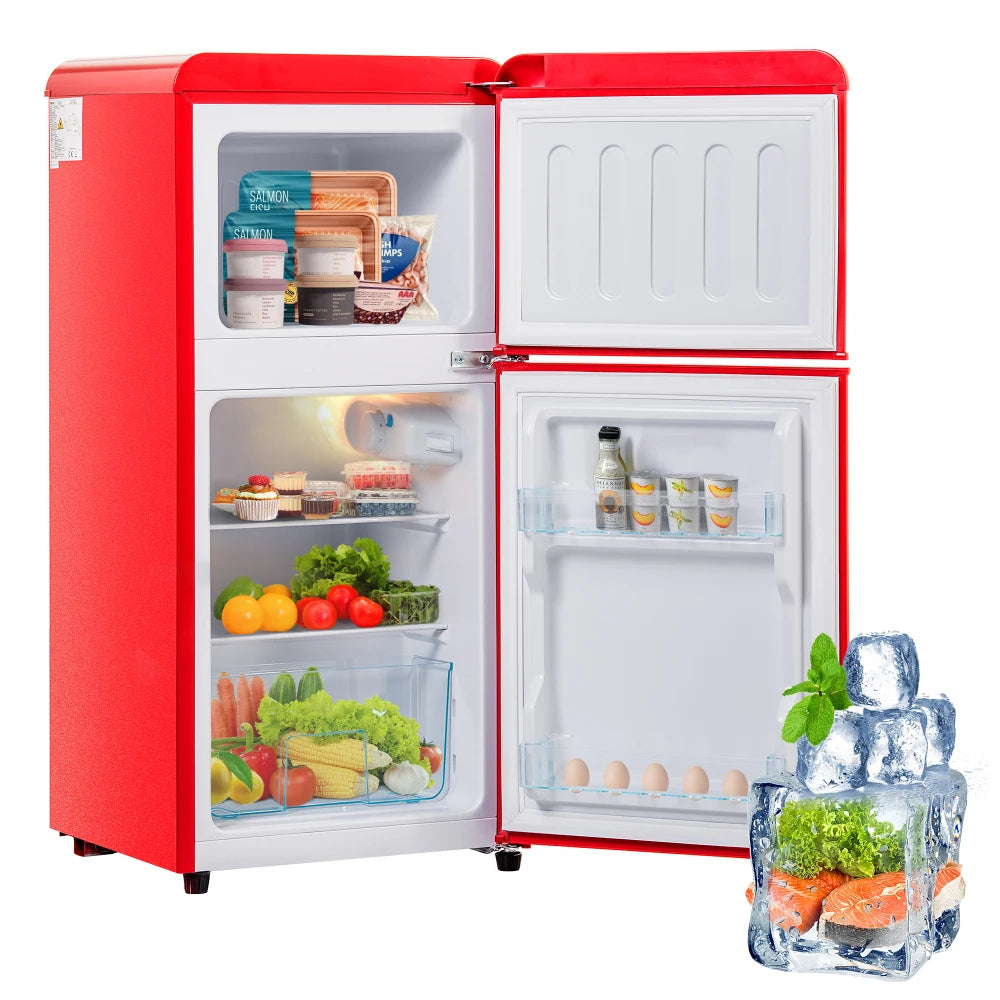 Combinaison réfrigérateur-congélateur rétro 45,5 cm de large, 2 portes 60 litres de volume total, volume de congélateur 22 litres. 102 KWh/année,