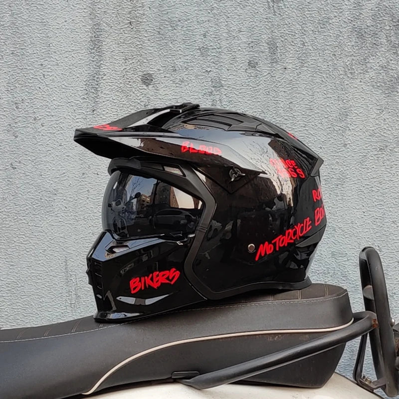 ORZ Vintage Motorcycle Helmet Black Warrior Motorcycle Helmet Combination Half Helmet Full Helmet Cruising Cascos Motorcross Capacetes