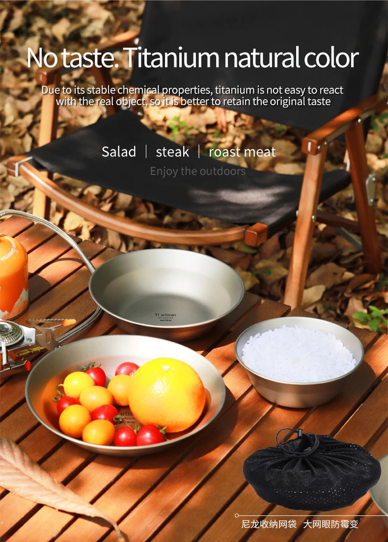 Tiartisan-Filles à repas de camping en titane, assiettes, ustensiles, randonnée en plein air, ultraléger, portable, empilable, plats à salade, ensemble de britware