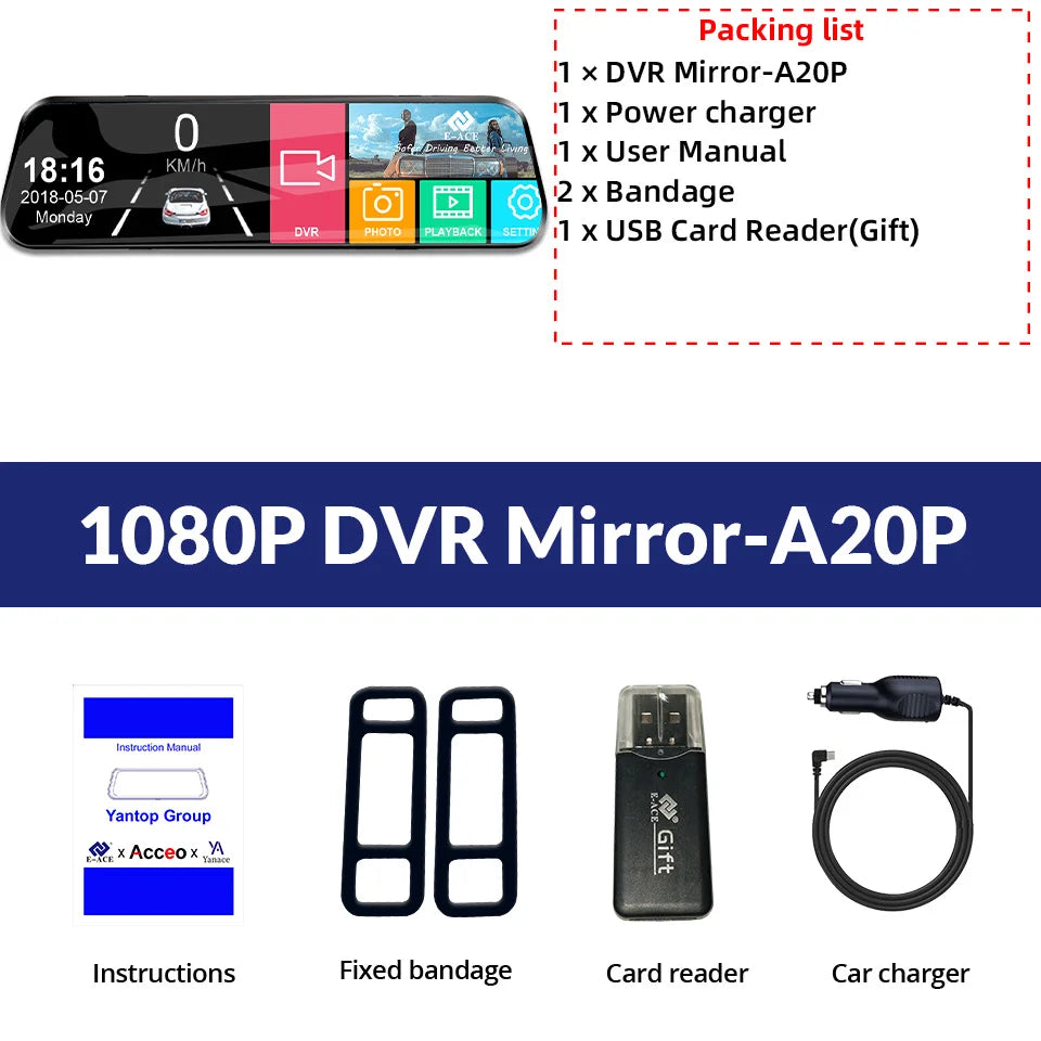 Dashcam Tactile 24H Parking — Double Objectif Avant Arrière Rétroviseur Boîte Noire