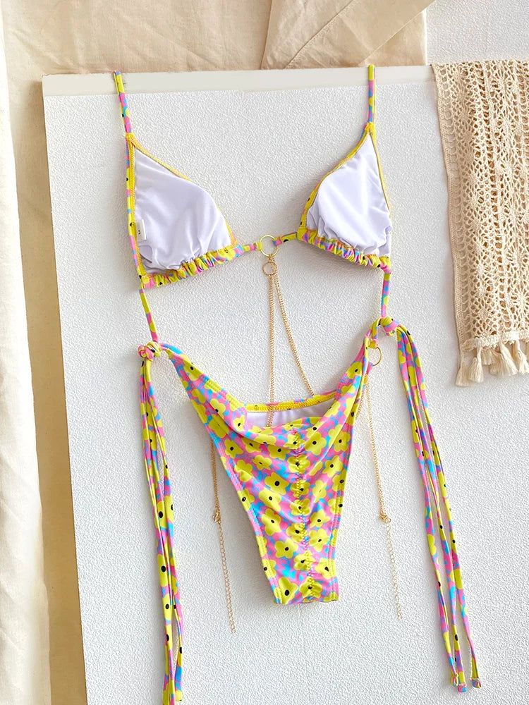 Sexy Triangle chaînes Bikini ensembles Micro tongs maillot de bain femmes maillot de bain Biquini pansements de plage maillot de bain imprimé string Bikini