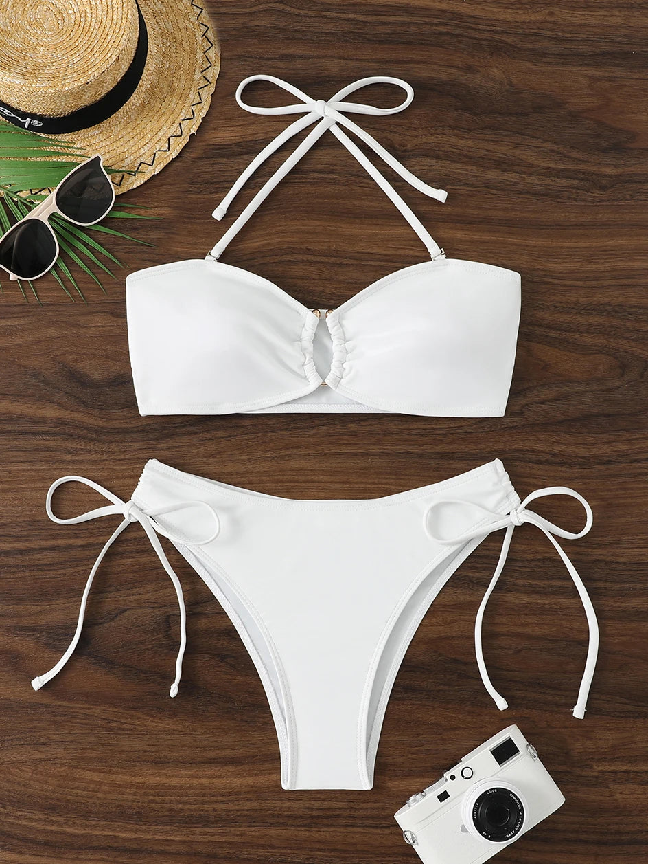 Maillot de bain bikini taille haute pour femme 2026, maillots de bain noués, maillots de bain femme, bandeau push-up, ensembles de bikinis, vêtements de plage brésiliens