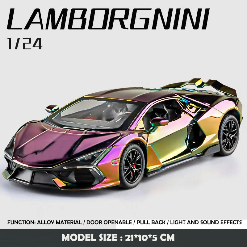 Simulación 1:24 Lamborghini Revuelto Supercoche con luz y sonido para niños, regalo de cumpleaños, coche en miniatura, decoración del hogar
