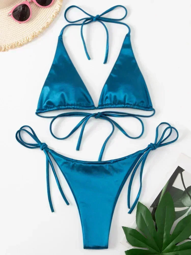 Licou brésilien métallique Satin Bikini femmes maillots de bain femme maillot de bain deux pièces Bikini ensemble coupe haute maillot de bain maillots de bain