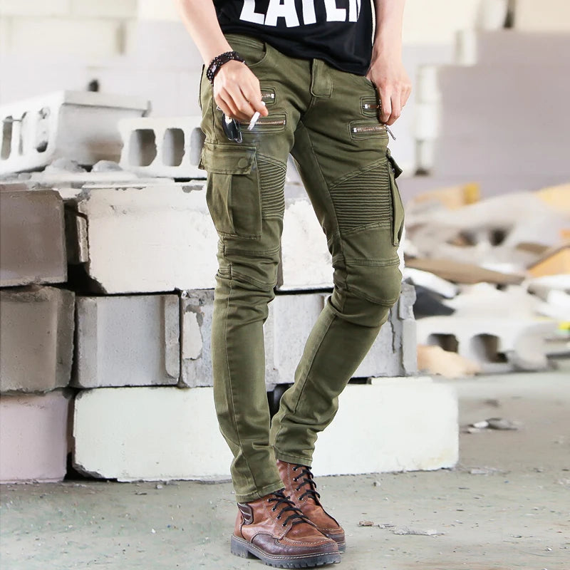 Jean Motard Denim Vert Homme — Slim Élastique Hip Hop Militaire Cargo