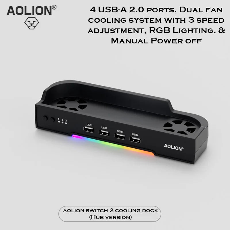 Aolion para Switch 2 Base RGB Ventilador de refrigeración HUB portátil Base de expansión Soporte de pared con NGC para accesorios de Switch 2