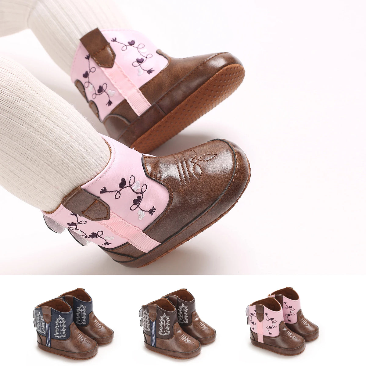 Bottines Cowboy Bébé Cuir PU Antidérapantes — Fille & Garçon 0–18 mois