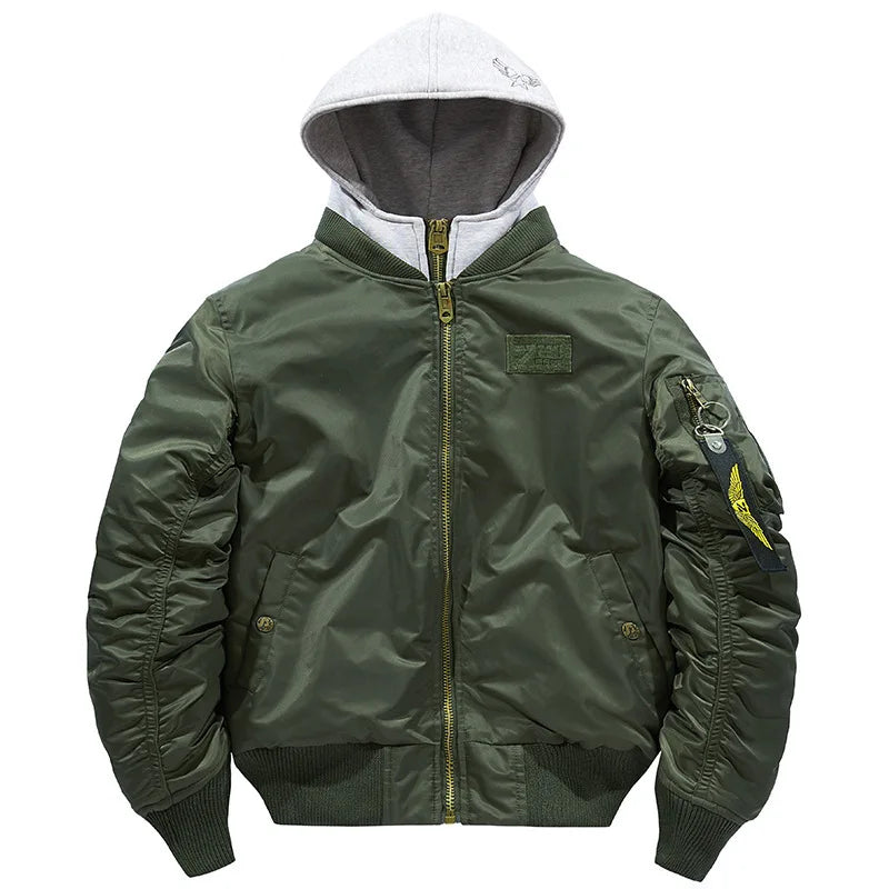 Men's Thick Hooded Bomber Jacket, Military Windbreaker, Multi-Pocket Air Force Coats, Autumn Streetwear, Baseball Jackets, Winter