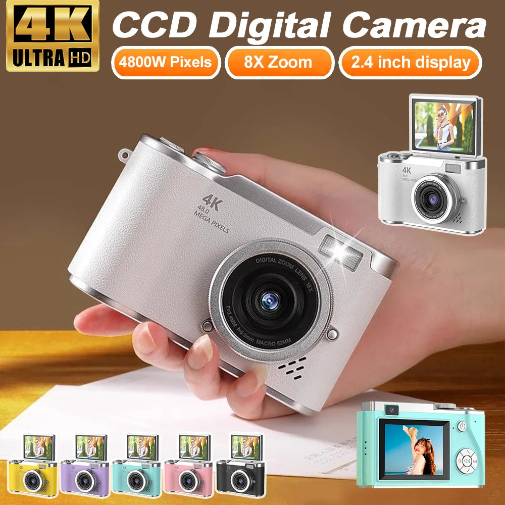 Appareil photo numérique 4K CCD — 8x zoom, 48MP, compact, 180° écran rabattable, selfie, étudiant