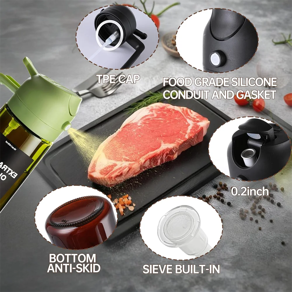 Pulvérisateur d'huile pour la cuisine de 470 ml, distributeur d'huile d'olive 2 en 1 et flacon pulvérisateur d'huile, vaporisateur d'huile avec autocollants, flacon pulvérisateur en verre épais