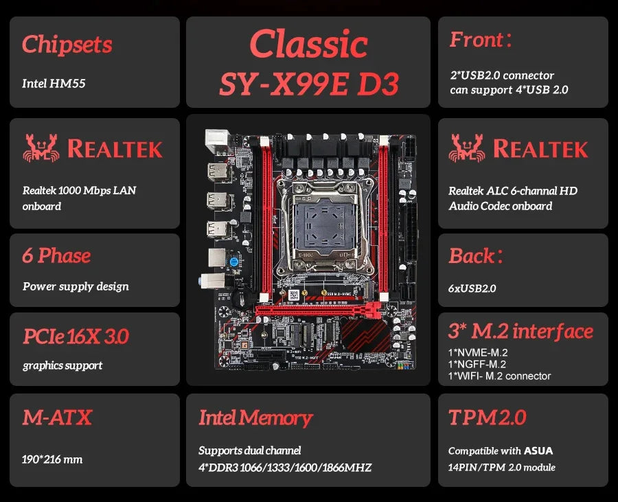 Carte mère SOYO X99 DDR3 LGA2011-3 — Xeon E5-2673 V3, DDR3 128 Go, NVMe M.2, PCIe 3.0, TPM 2.0