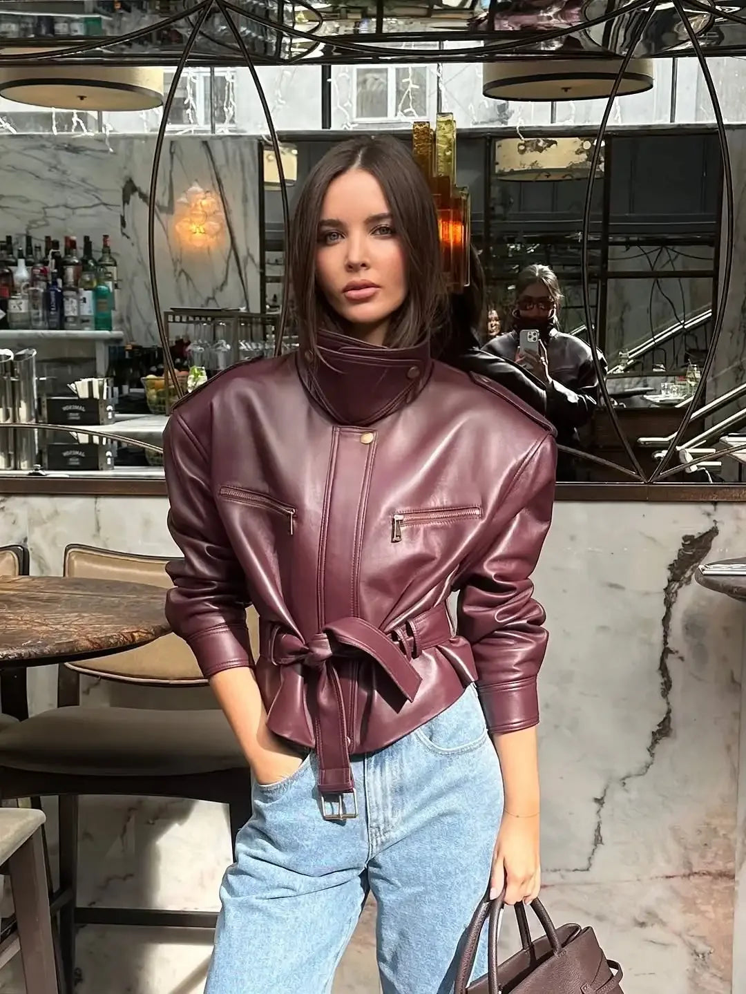 Women's Solid Burgundy Slim-Fit Lace-Up High-Neck Zip Bucket Fashion Short Jackets 2025 Ladies High Street Coat
