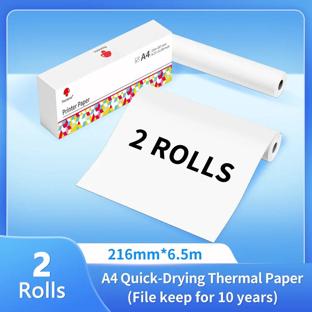 Phomemo A4 impresora térmica papel carta, papel continuo de secado rápido apto para impresora portátil M832/M833/M834/M835, 2 rollos