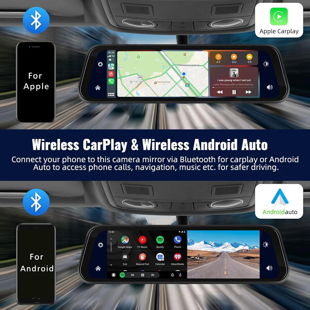 Dashcam 10" 4K GPS 5G WiFi — Rétroviseur Flux AUX Enregistreur FM