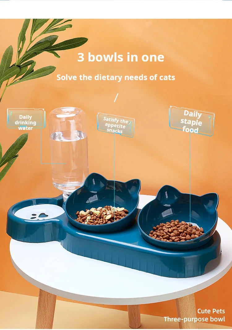 Ensemble de bols à eau et à nourriture pour animaux de compagnie avec mangeoire, conception d'oreille inclinée, bouteille d'eau par gravité pour la protection du cou, 3 en 1