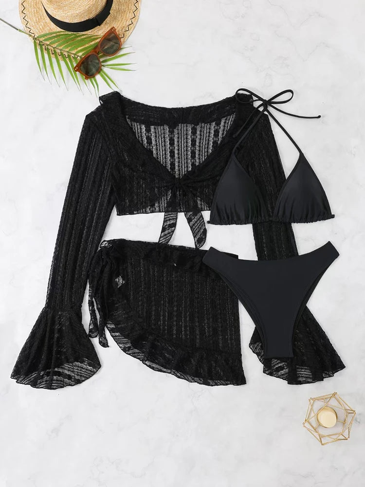 Maillot de bain sexy quatre pièces pour femme 2026, ensemble bikini uni à manches longues avec paréo, tenue de plage brésilienne pour l'été et les fêtes