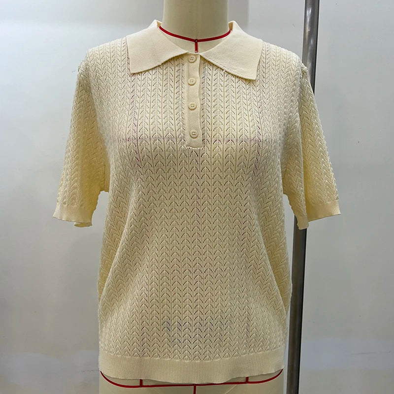 T-shirt femme en maille ajourée 2026 — manches courtes, décontracté, col à revers, tendance, uni