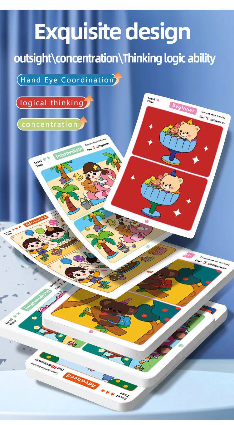Juego de cartas educativo y reutilizable de dibujos animados para niños Encuentra las diferencias Encuentra niveles de dificultad para entrenar la atención y la concentración
